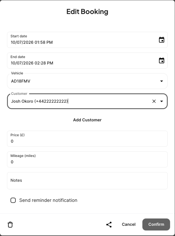 Booking dialog with share icon
