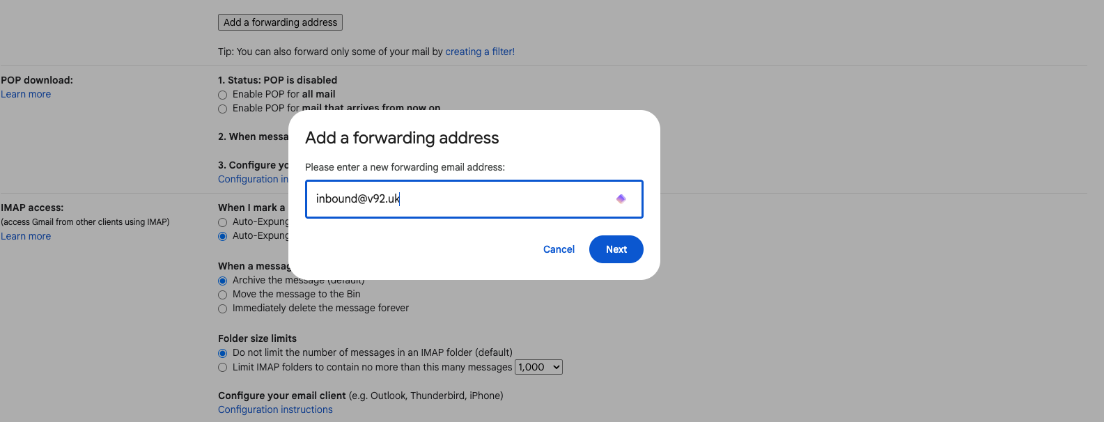 Gmail forwarding settings