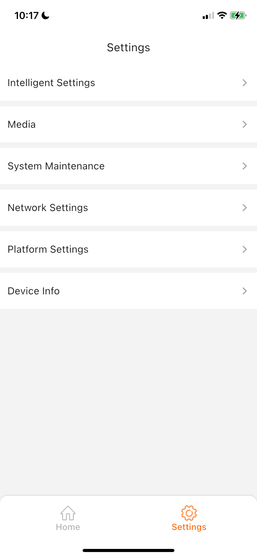 Main Settings page