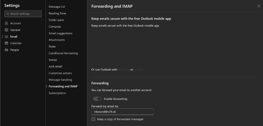 Outlook forwarding settings