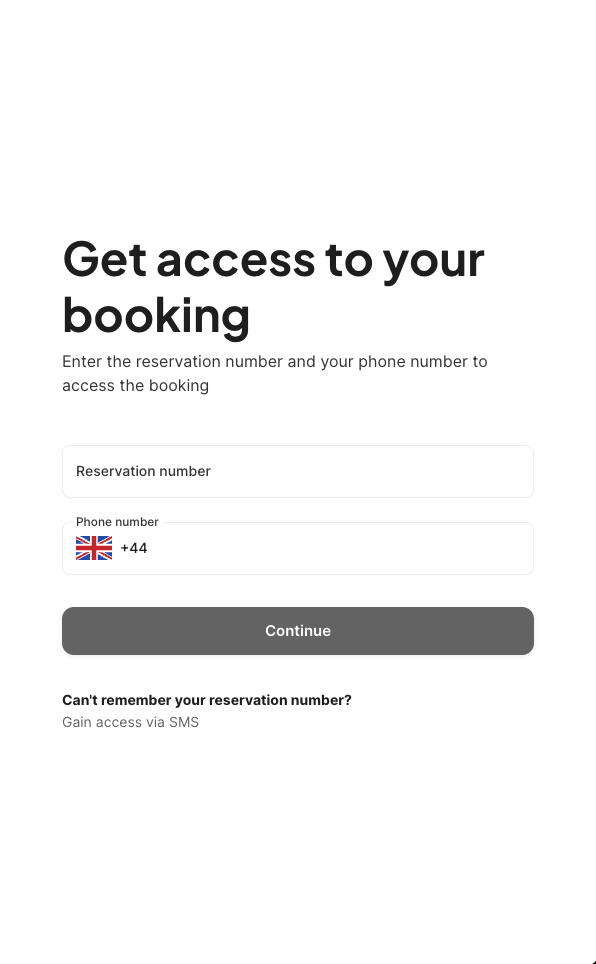 Booking access form — reservation number and phone number fields